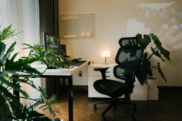 Ergonomic office chair in a clean home office setup