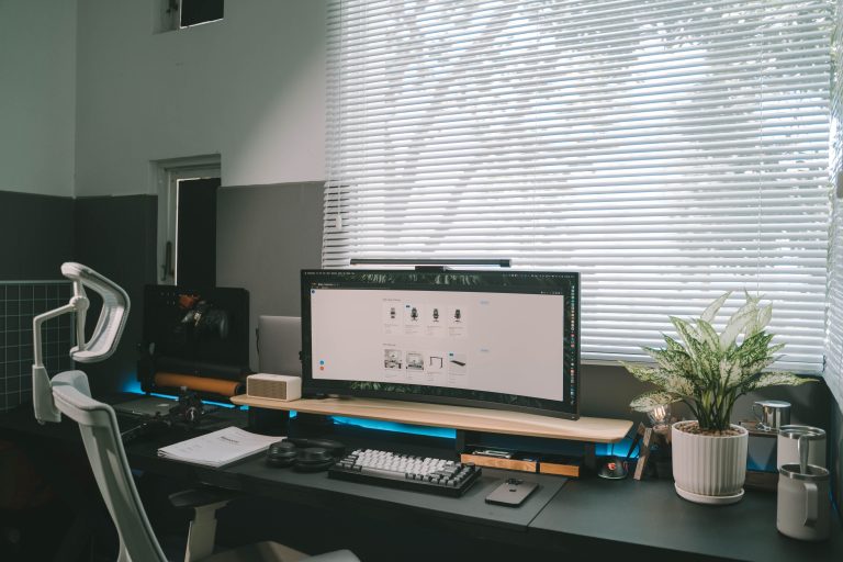 Clean desk setup with ultrawide monitor