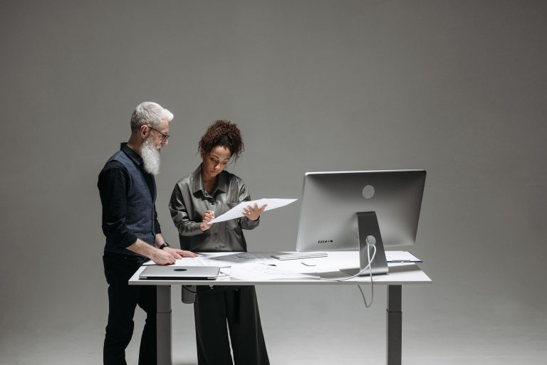 Standing desk in a clean home office setup